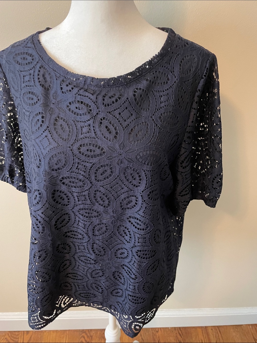 LOFT Navy Eyelet Lace Short Sleeve Blouse 24” long